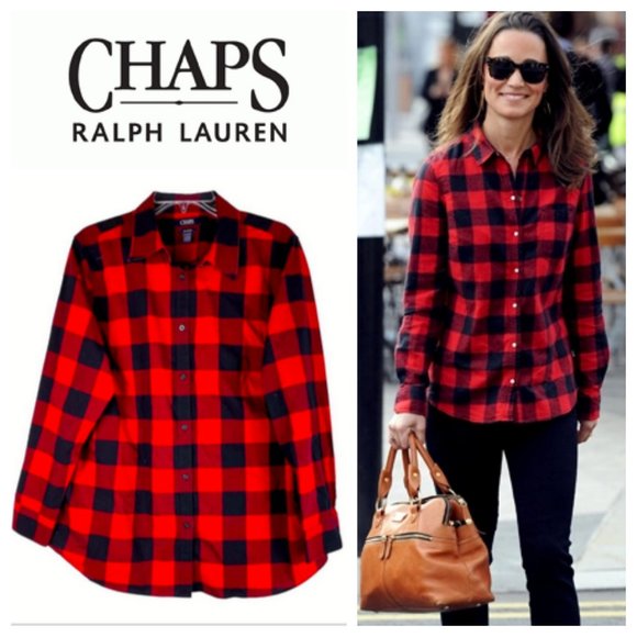 Ralph Lauren Chaps 1X 16 18 Shirt Top Blouse Button Down Buffalo Plaid Red Black - Picture 1 of 4
